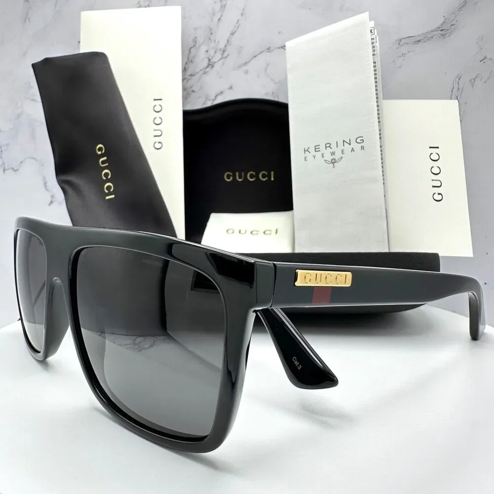 New GUCCI Sunglasses Black Square Aviator Gold Plate Engraved Logo Web Arm GUCCI